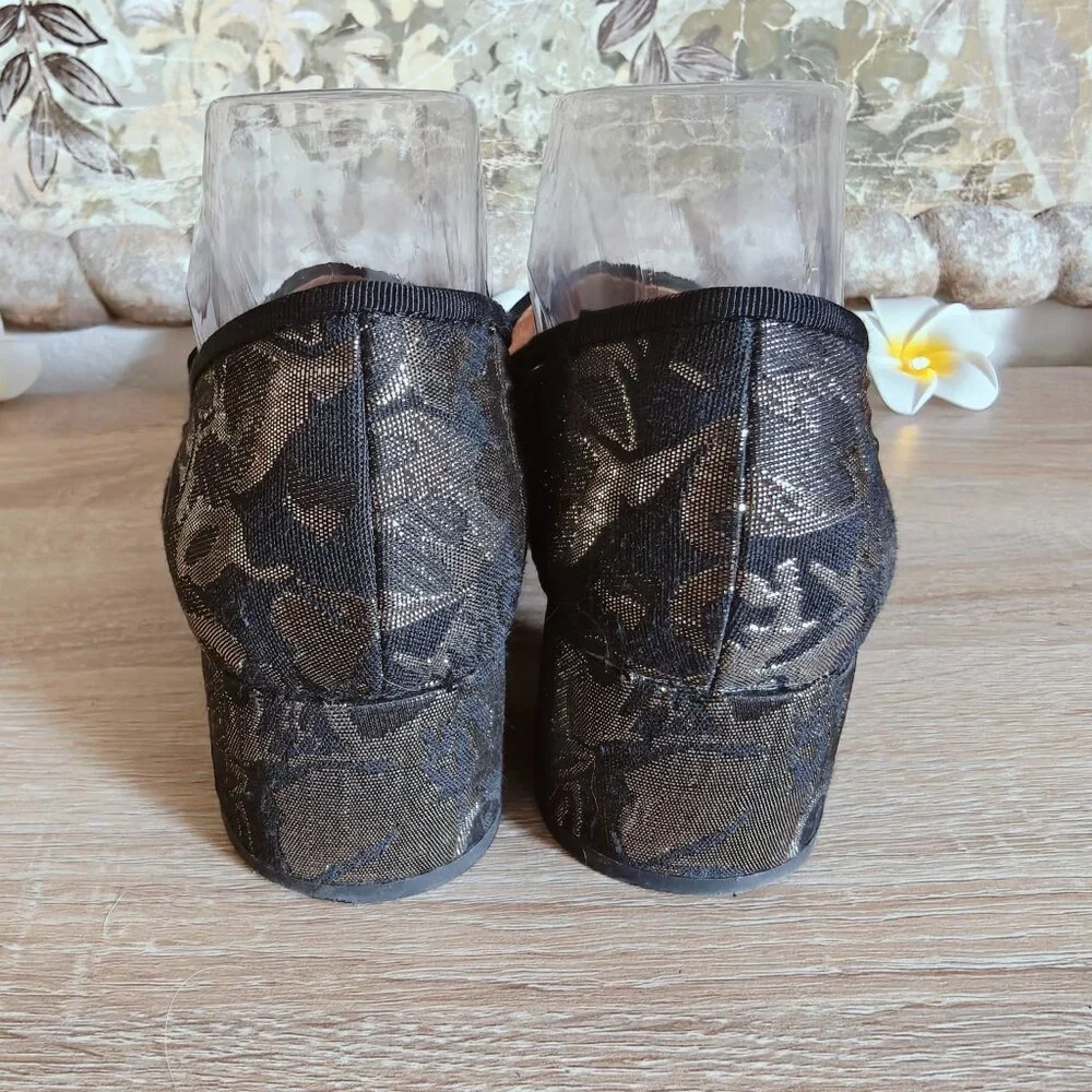 Franco Sarto Hettie Black & Metallic Gold Floral Brocade Block Heels 6.5